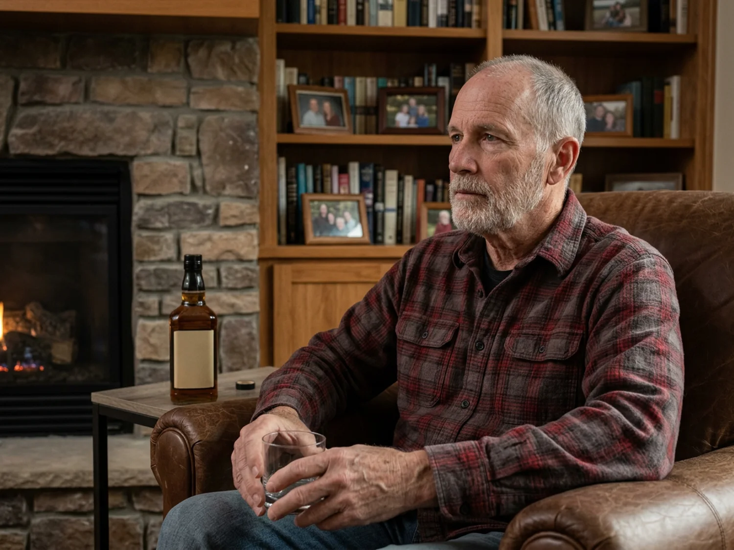 Man in an armchair by the fireplace looking at family photos