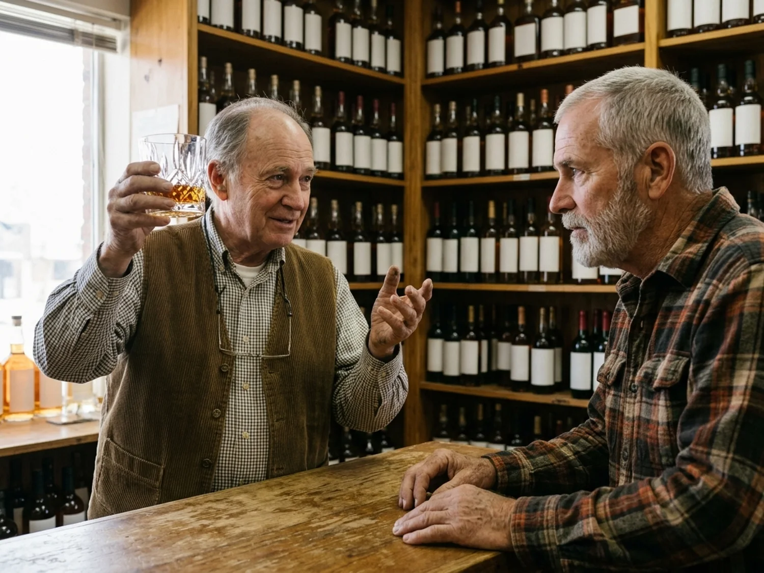 Liquor store owner holding a heavy glass up to the light
