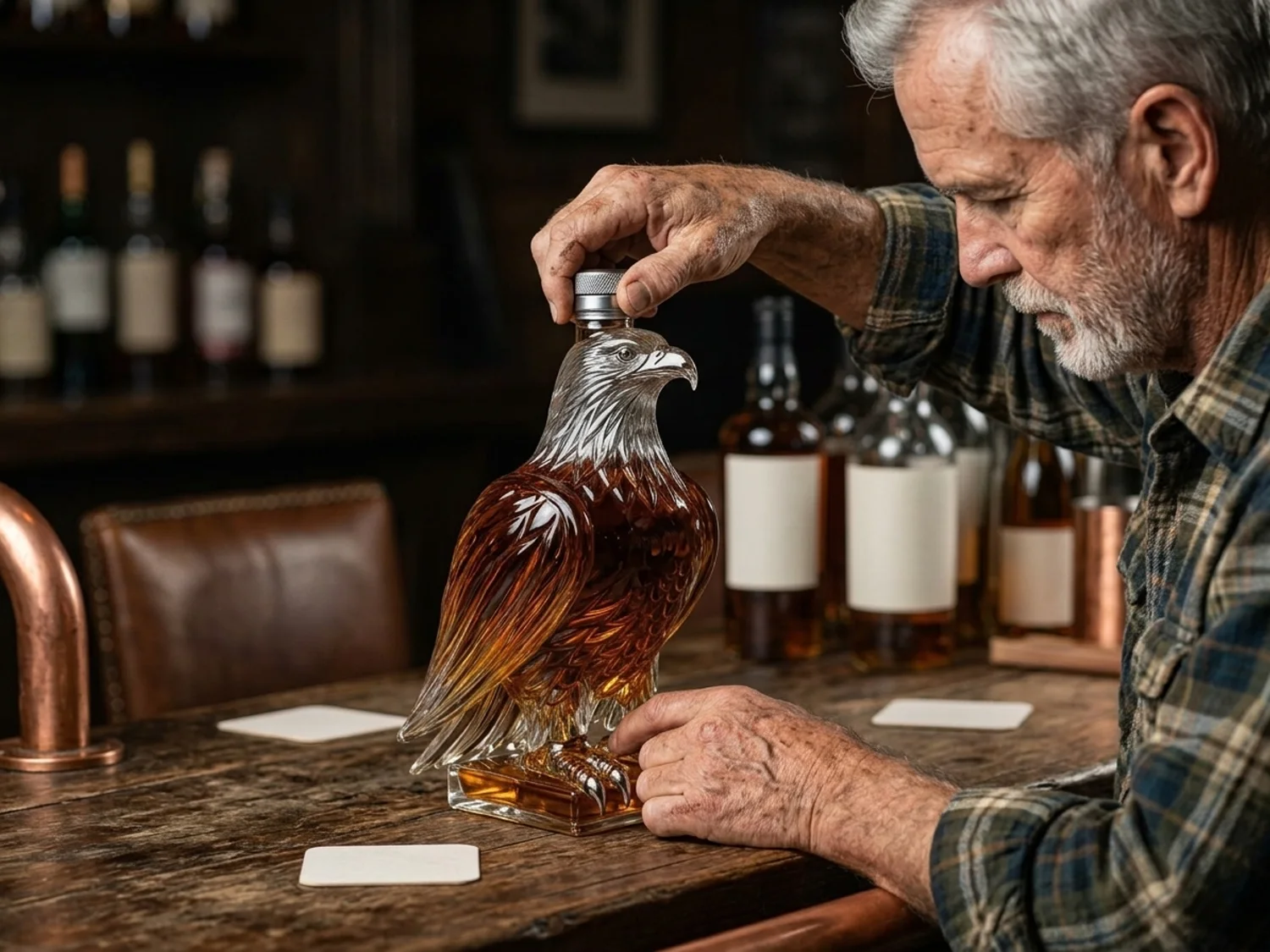 Hands unscrewing the metal cap of the eagle decanter