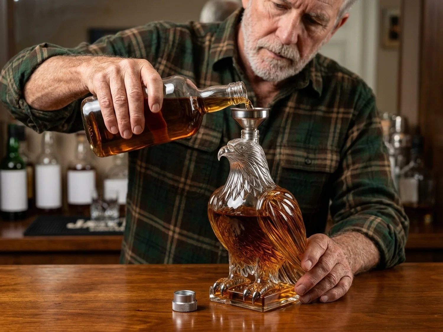 Pouring a full bottle of bourbon into the eagle decanter
