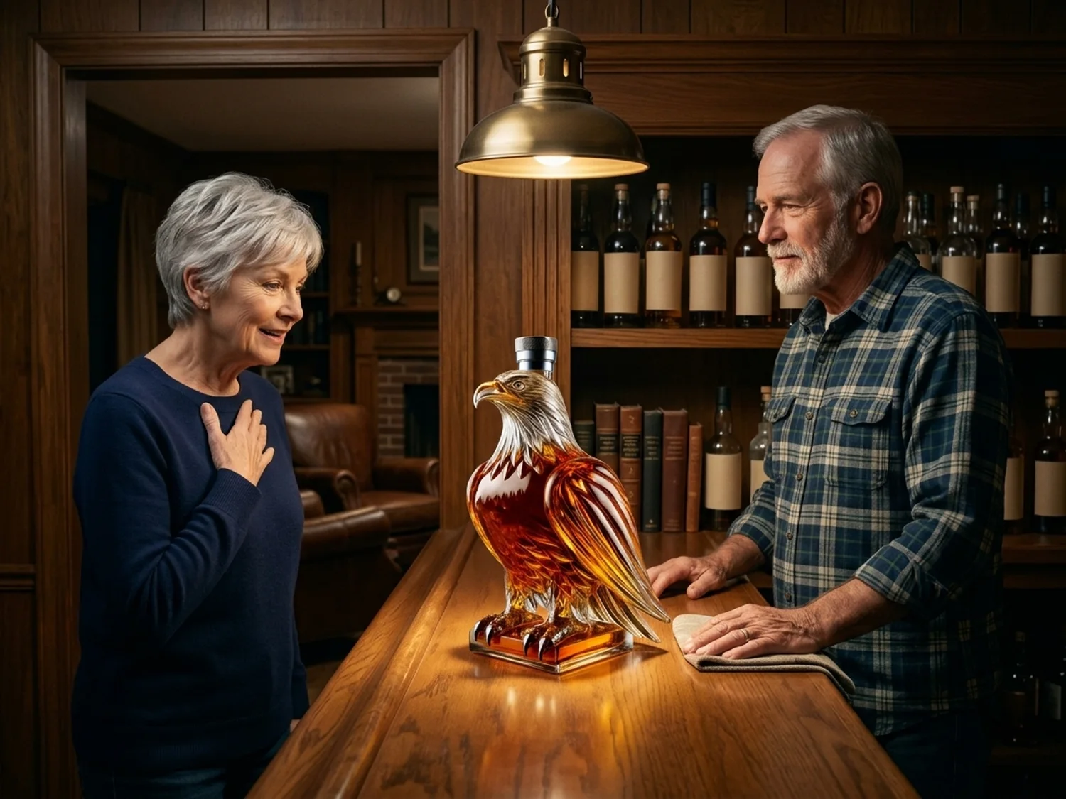 Wife in the doorway surprised by the glowing eagle decanter