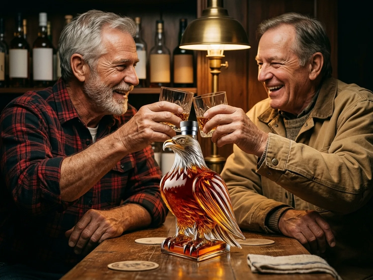 Two men toasting at a home bar with the eagle decanter in front
