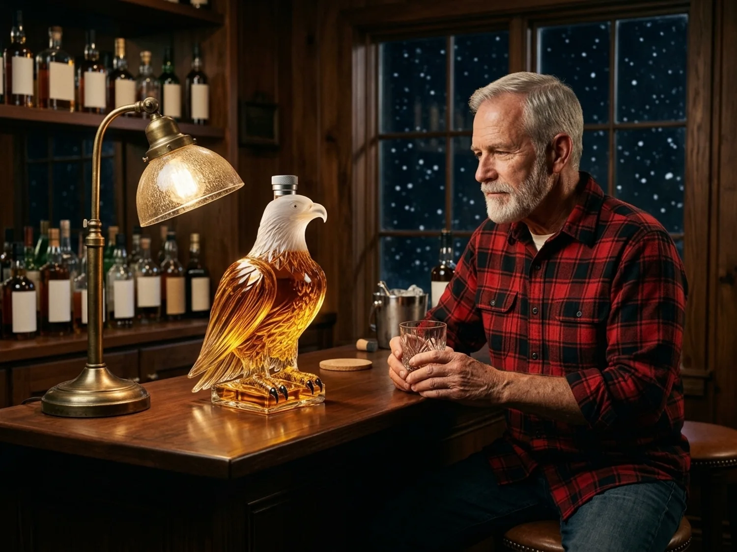 Man at his home bar with the glowing eagle decanter on a snowy night